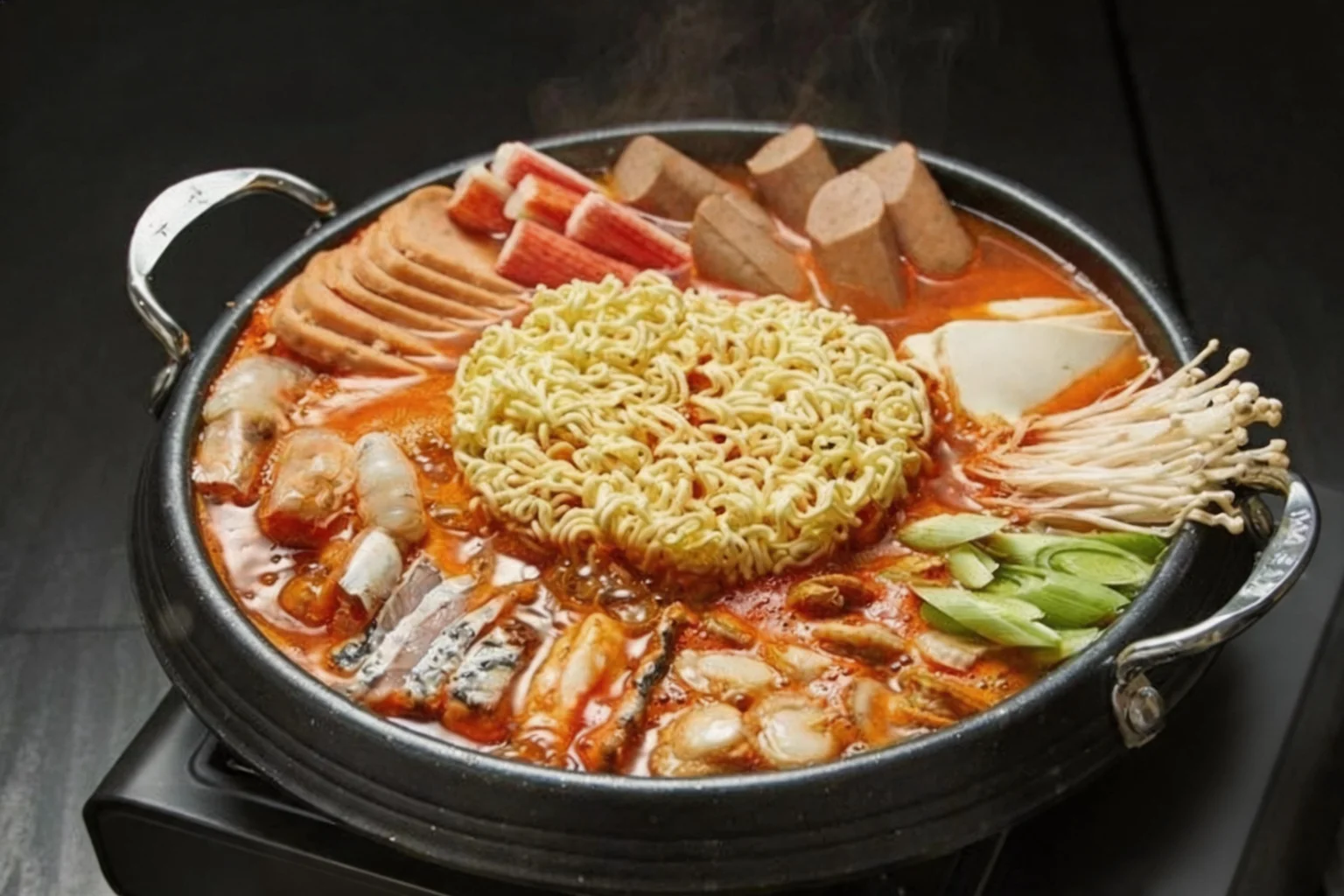 Budae jjigae dans une marmite posée sur un réchaud, fond sombre